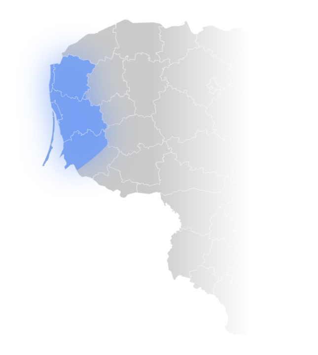Lietuvos žemėlapio vakarinės dalies iliustracija baltame fone, kurioje mėlyna spalva ryškiai išskirta Klaipėda ir Klaipėdos rajono savivaldybė, o likusi žemėlapio dalis nublukinta pilka spalva.
